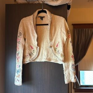 Vintage Lambswool shrug with embroidery, sequins and beads. M